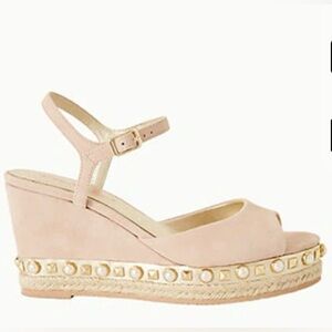 LILLY PULITZER Hadley Espadrille Pearl Embellished Neutral Suede Wedge Size 8.5